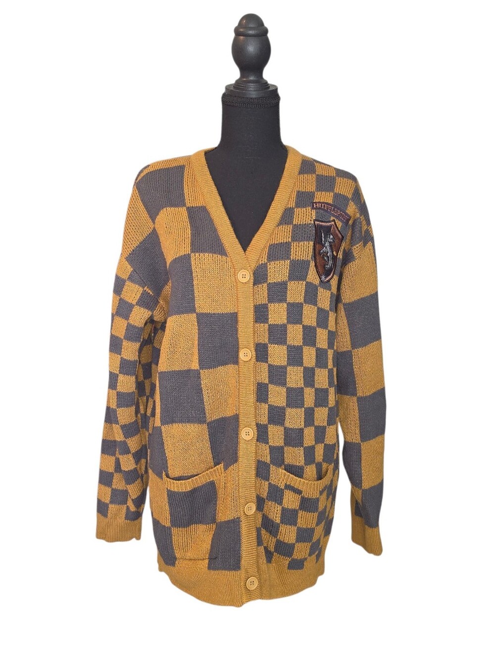 Harry Potter Hufflepuff Checkered Cardigan Sweater Small